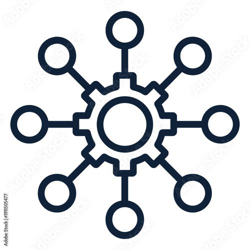 Gear with connected lines and circles on white background icon