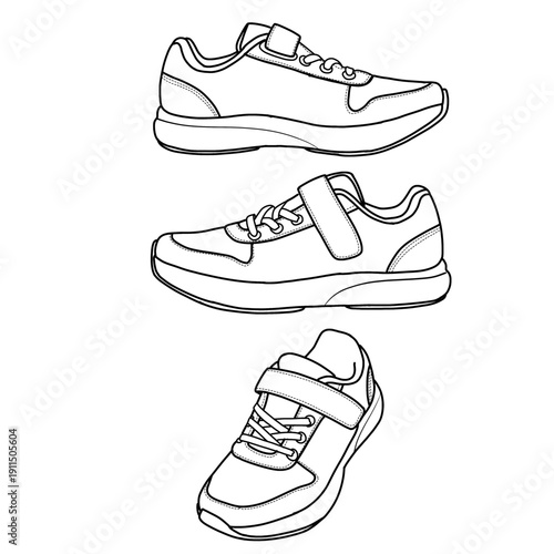 Vector line art illustration showcasing three distinct designs of athletic footwear, emphasizing their various forms and fastenings. Isolated on a white background