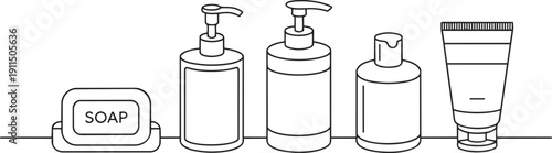 Bathroom toiletries line including soap bottle shampoo conditioner lotion
