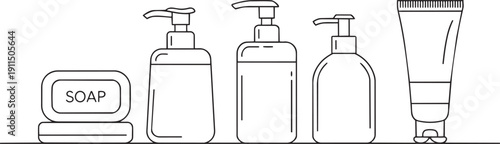 Bathroom essentials toiletries line including soap bottles and tubes
