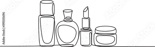 Continuous one line drawing of cosmetics bottle packaging set.one line icon illustration with white background