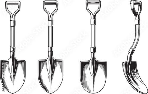 Four shovels with different shapes and sizes for digging and scooping shovels