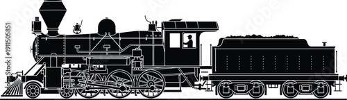 Vintage Steam Locomotive Train Silhouette Side View Illustration, Classic Railway Engine with Coal Car, Retro Transportation Design Isolated on White Background