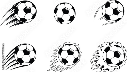 Soccer balls in motion with speed lines and flames, football icons, sports symbols, athletic design elements, soccer ball graphics, football illustrations