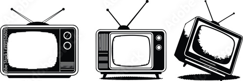 Vintage television sets with antennas on white background, old retro TVs, black and white illustration, classic TV designs, nostalgic broadcasting technology