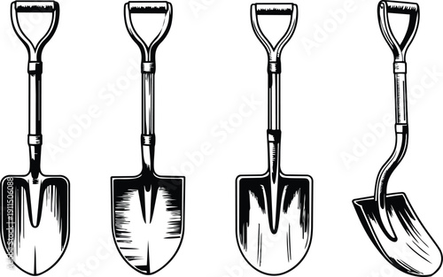 Four shovels with different shapes and sizes for digging and scooping shovels