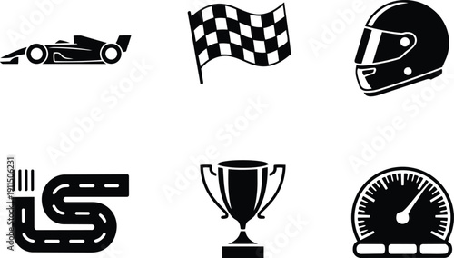 Racing icons including car, flag, helmet, track, trophy, and speedometer, racing icons, car, flag, helmet, track, trophy, speedometer