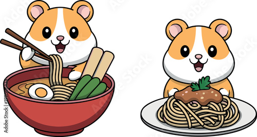 Cute hamster cartoon character eating Japanese ramen noodles and Italian spaghetti pasta vector illustration set isolated on white background for food design.
