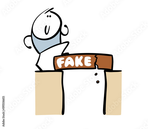 Brave, reckless man crosses unreliable bridge. Cartoon vector illustration is fake, the bridge is collapsing, a broken board and blind faith in luck, unverified information leads to disaster.