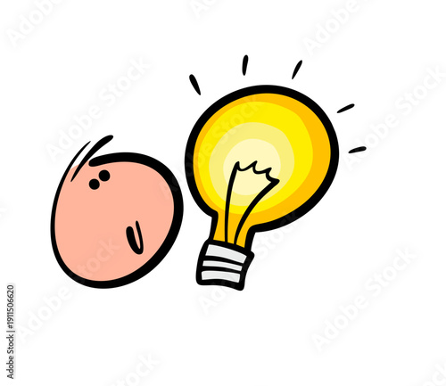 Funny stickman and a glowing electric light bulb. Vector illustration of bright light. A brilliant idea came to mind. Cartoon concept of the thought process.