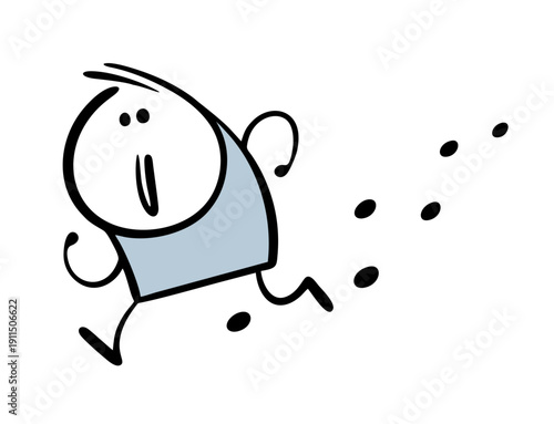 Doodle man runs away through the snow, followed by a chain of footprints. Vector cartoon illustration of a boy walking along the road, dirty feet leaving footprints.