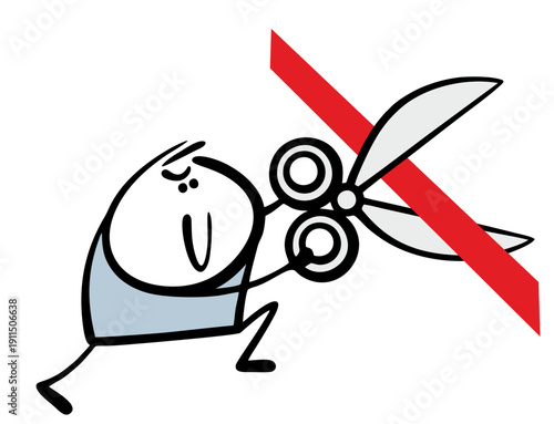 Sly cartoon stickman cuts a red ribbon with huge scissors. Vector illustration of the passage is open.  A funny character and a hairdresser's tool.