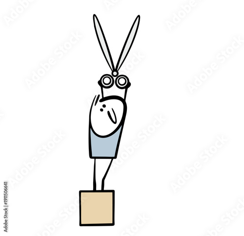 Cartoon little boy stands on a stool and reaches up with a pair of sharp scissors open. Doodle vector illustration is an accessory for a hairdresser or a sewing master.