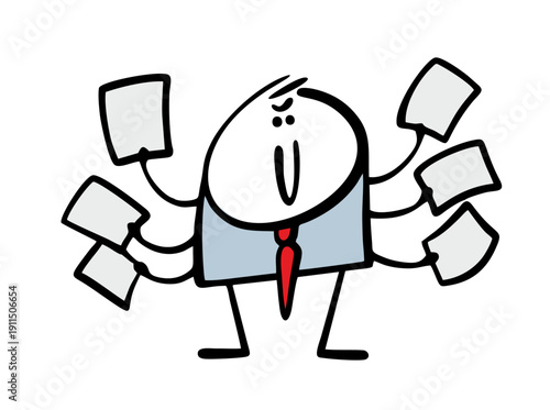 Multi-armed boss gives a lot of tasks to subordinates. Vector illustration of a businessman holding documents, multitasking. Cartoon person manages to work in an office.
