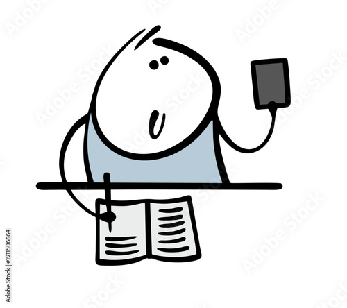 A happy cartoon schoolboy or student is copying homework from a mobile phone in class. Vector illustration of a boy at a desk with a notebook looking for an answer on the Internet.