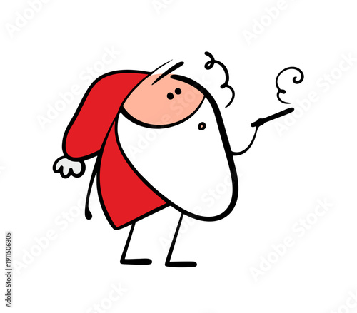 Santa Claus smokes a cigarette, spoils his health. Vector illustration of a fairy tale character's bad habit. The actor is on a break for Christmas or New Year. Smoke coming.
