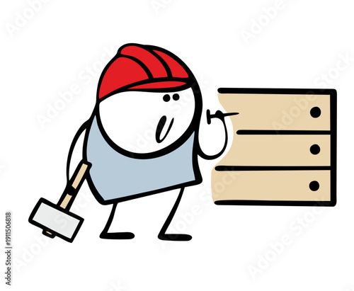 Cartoon stickman is engaged in building cladding, siding. Vector illustration of man in   protective helmet working at a construction site. Decorative decoration of the house.