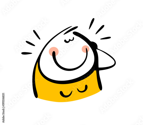 Cartoon woman advertises cosmetics with collagen. Vector illustration, a rosy-cheeked girl brags about the condition of her skin on her face. Funny doodle character and makeup.