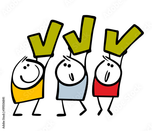 Voters day. Group of people at celebration enthusiastically holds green ticks above their heads, sign of agreement. Vector illustration of celebration of the unity of people, making choice, politics.
