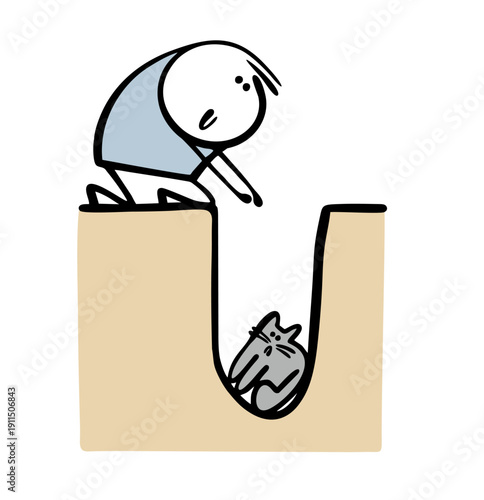 Cartoon man pulls and saves the kitten. Vector illustration of a volunteer reaching into a pit, pulling a poor wildcat out of a hole in the ground. Helping doodle animal, taking care of a pet.