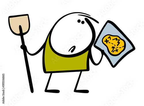Cartoon stickman, treasure hunter studies the map of treasure island. Vector illustration of a man with a shovel looking at the plan, will dig the earth, look for treasure. Isolated character.