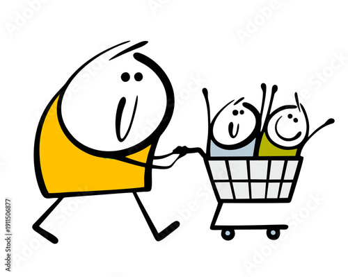 Satisfied woman carries two children in a supermarket cart. Vector illustration of a child riding in a store. Mother and sons go shopping.