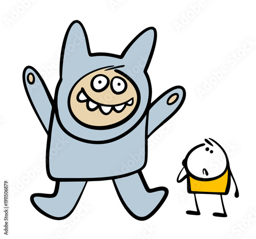 Huge doll, cartoon funny monster, and an animator in a costume scared a child at a party. Vector illustration of  mask with teeth and   confused boy.