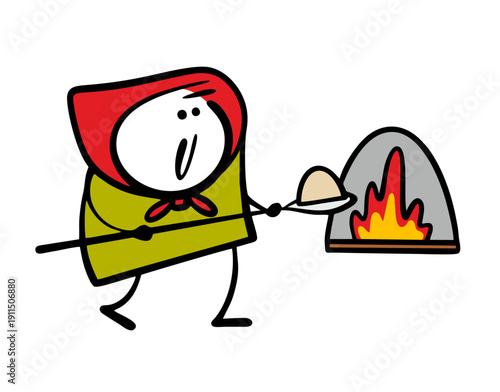 Woman in cartoon headscarf puts pie dough in the oven. Vector illustration of a girl baking bread. Village life, Russian oven. Isolated character on white background.