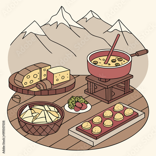 A cozy mountain cabin scene with various dishes and cooking items on a table.