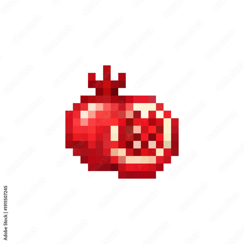 Obraz premium 8-bit pixel art pomegranate isolated on white background. Retro red fruit icon in arcade game style. Detailed pixelated illustration for game design, UI elements, and digital assets.