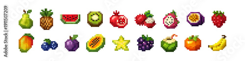 Pixel Art Fruit Collection Retro 8-Bit Fruits and Berries Icon Set Colorful pixel art fruit collection featuring a variety of retro 8-bit fruits and berries including pear, pineapple watermelon cherry