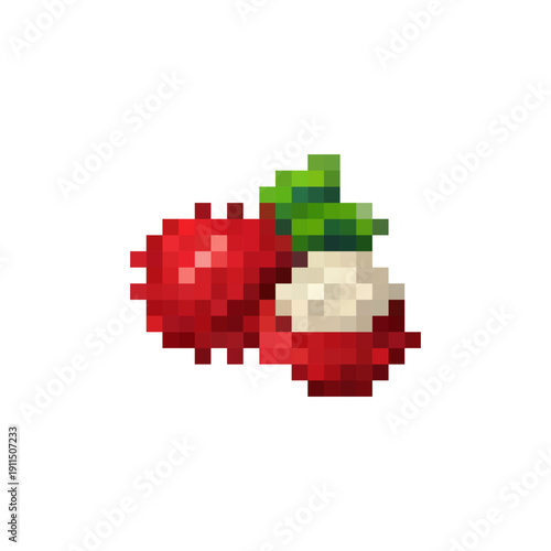 8-bit pixel art lychee isolated on white background. Retro tropical fruit icon in arcade style. Bright pixelated exotic fruit illustration for game assets and digital projects.