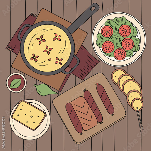 A cozy mountain cabin scene with various dishes and cooking items on a table.