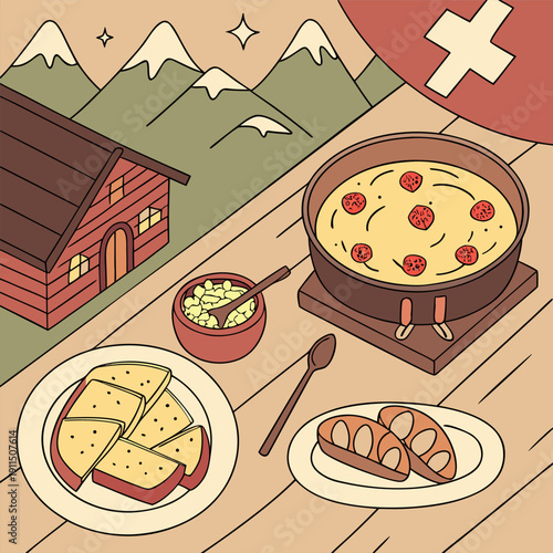 A cozy mountain cabin scene with various dishes and cooking items on a table.