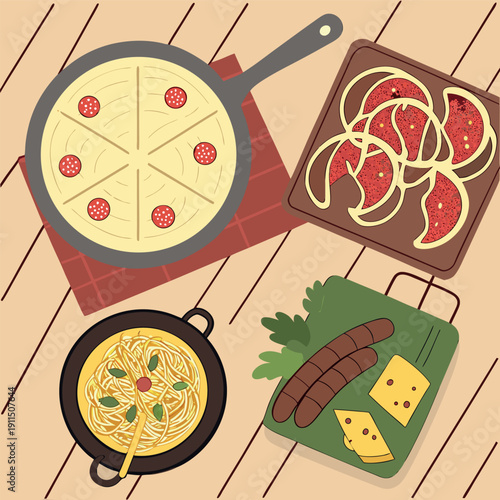 A cozy mountain cabin scene with various dishes and cooking items on a table.