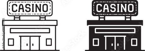 Two black and white casino buildings with prominent signs on top isolated on white background, illustration