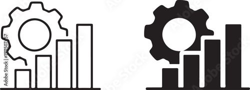 Two mechanical gears with bar graphs representing data analysis and performance metrics isolated on white background, illustration