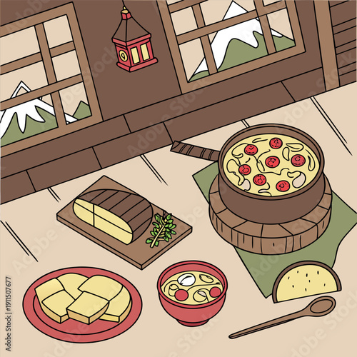 A cozy mountain cabin scene with various dishes and cooking items on a table.