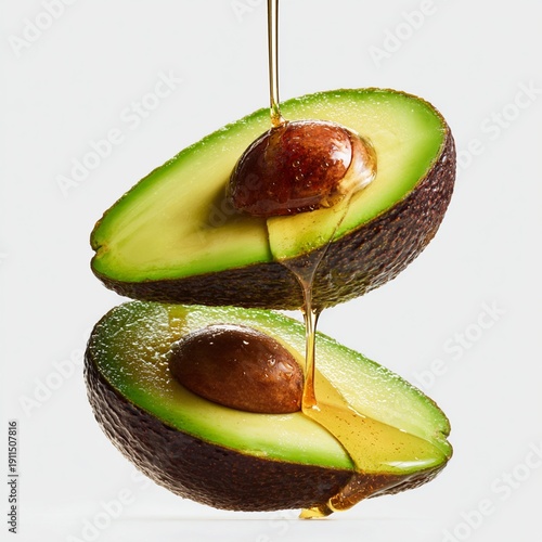 Two avocado halves cut in half with a drizzle of oil, image with white background