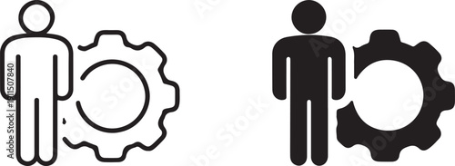 Two figures interacting with large gears in a mechanical setting isolated on white background, illustration