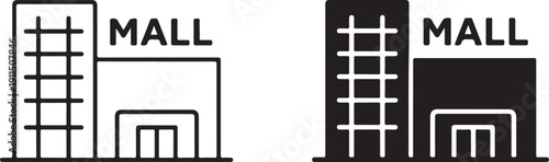 Two stylized buildings with the word mall on top of each one. isolated on white background, illustration