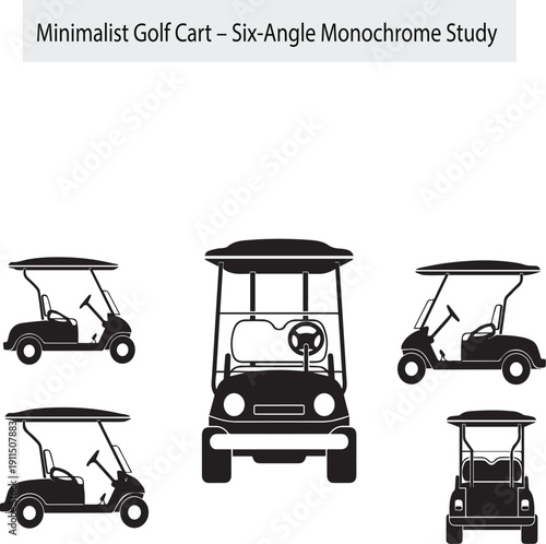 Detailed black and white golf cart vector illustration set from multiple perspectives.