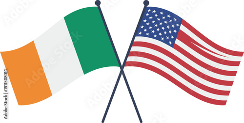 Ireland and USA flags crossed, symbol of partnership and diplomacy, stock media