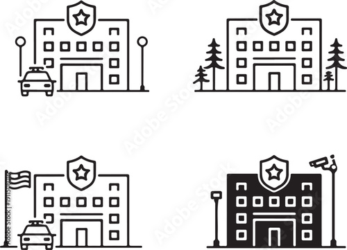 Four different types of government buildings and their surrounding environments isolated on white background, illustration