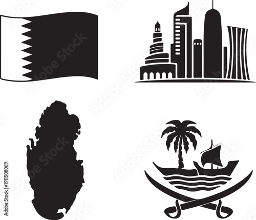 Symbols and landmarks representing the country of qatar isolated on white background, illustration