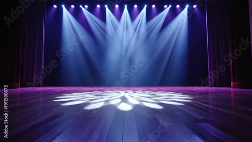 Empty theater stage with multiple spotlights casting purple and blue light beams onto a wooden floor, suitable for live performance, event background, entertainment promotion, and virtual presentation