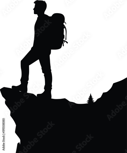 Silhouette of a hiker standing on a cliff edge with a backpack