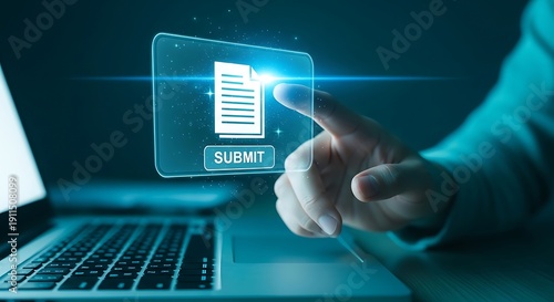 Person submitting digital document on laptop with futuristic interface and holographic display