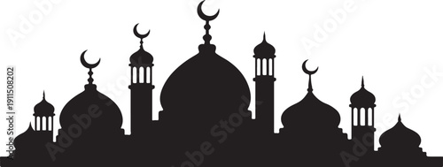 Silhouette of islamic architecture with crescent moons and domes isolated on white background, illustration