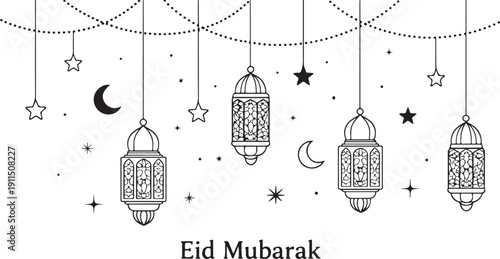 Eid mubarak celebration with lanterns, stars, and crescent moons isolated on white background, illustration